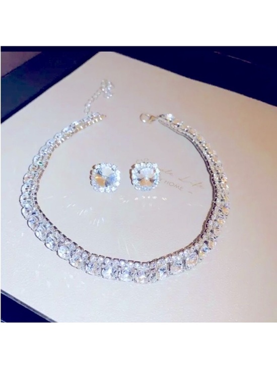 Jewelry - Crystal Halo Necklace and Stud Earrings Set - Silver Tone